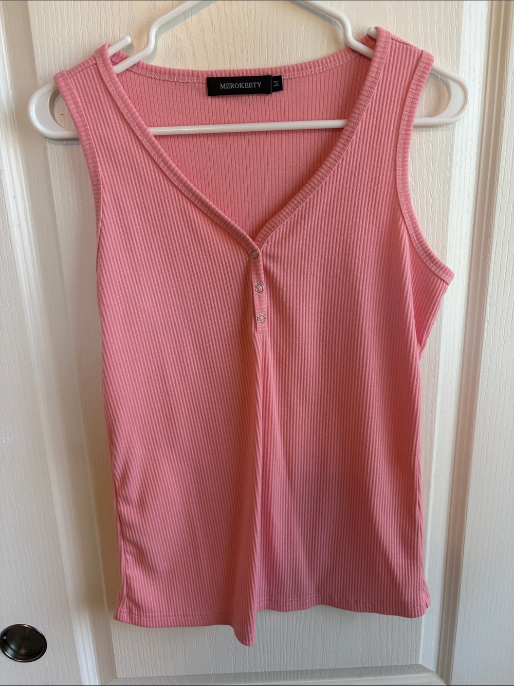 MEROKEETY Pink Ribbed Henley V-Neck Tank Top
